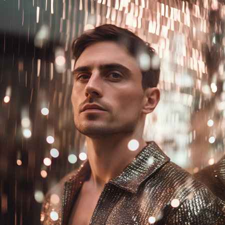 Portrait of a handsome young man in a gold jacket. Men's beauty, fashion.の素材
