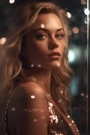 Portrait of a beautiful blonde girl with long curly hair in evening dress.の素材
