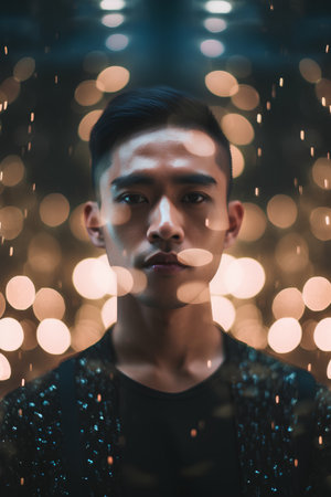 Portrait of young handsome asian man with light bokeh background.の素材