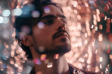 Portrait of a handsome young man looking away while standing against bokeh backgroundの素材