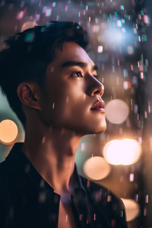 Portrait of a handsome young man in a night city. Rain.の素材