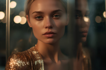 Portrait of a beautiful young woman in golden dress. Beauty, fashion.の素材