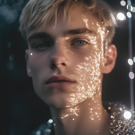Portrait of a young handsome man with sparkles on his face.の素材