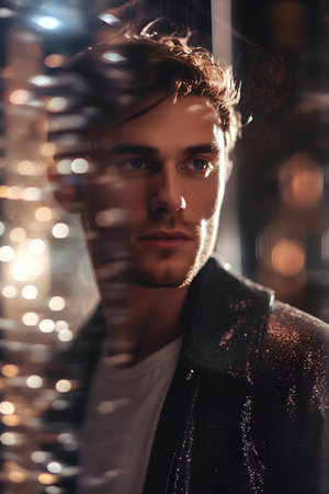 Portrait of a handsome young man in a black leather jacket.の素材