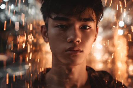 Portrait of a handsome asian man in the city at nightの素材