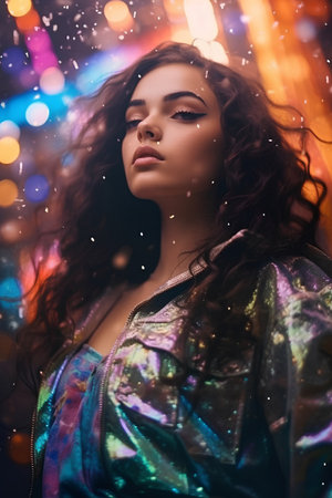 Fashion portrait of beautiful young woman with curly hair and bright makeupの素材