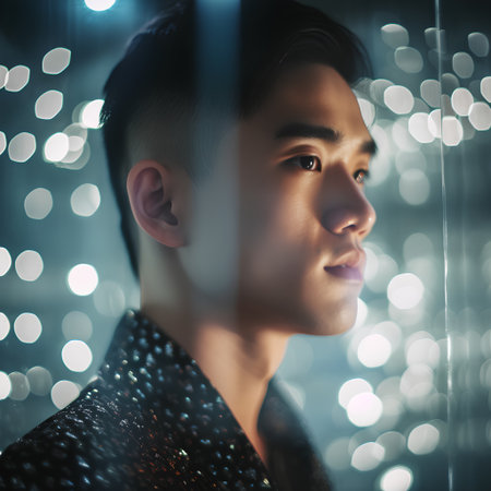 Handsome asian man in a black jacket looking through the window.の素材