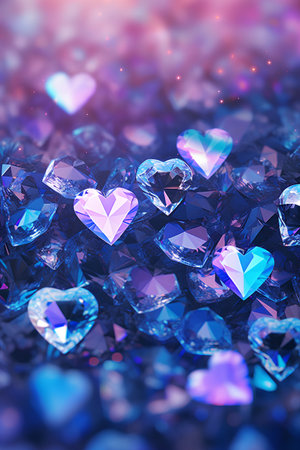 3d illustration of heart shaped gemstones on bokeh backgroundの素材