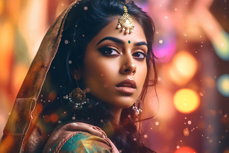 Beautiful indian woman in sari on bokeh backgroundの素材