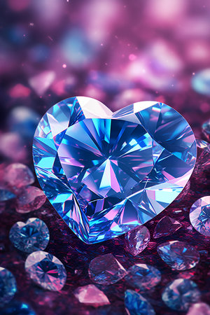 Blue diamond in heart shape on bokeh background. 3d renderingの素材