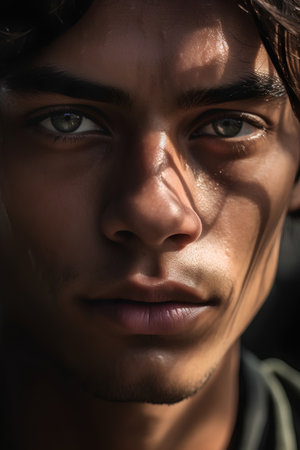 Close up portrait of a young man with a serious expression on his faceの素材