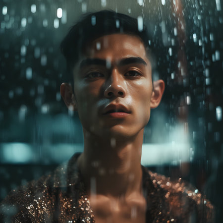 Portrait of a handsome asian man standing under the rain.の素材