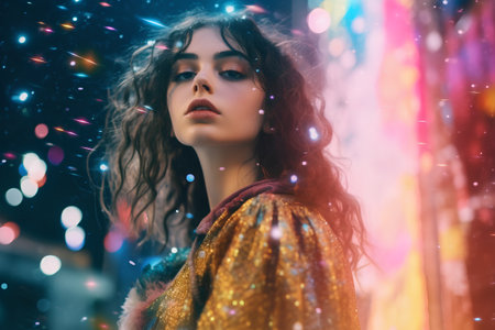 Fashion portrait of a beautiful girl with curly hair and bright makeup.の素材