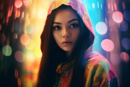 Portrait of a beautiful young woman in a hood over bokeh background.の素材