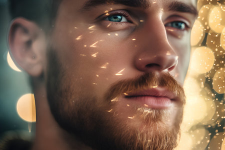 Portrait of a handsome young man with a beard on a background of bokeh lightsの素材