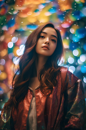 Portrait of a beautiful young brunette woman in a shiny jacket.の素材
