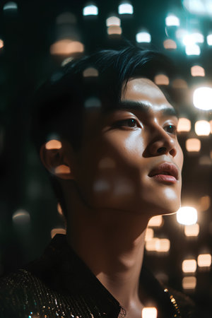 beautiful young asian woman looking at camera with blurred lights behindの素材