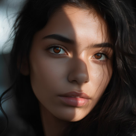 Portrait of a beautiful young woman with long black hair and green eyesの素材