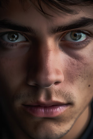 Close-up portrait of a young man with blue eyes, studio shotの素材