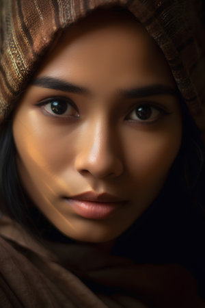 Portrait of a beautiful young asian woman with brown scarf.の素材