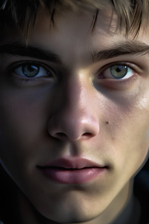 Close-up portrait of a teenage boy with blue eyes. Shallow depth of field.の素材