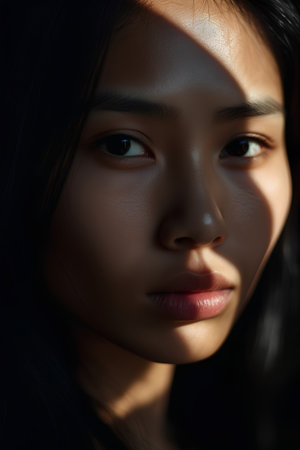 Portrait of a beautiful asian woman with dark hair, close upの素材