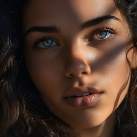 Portrait of a beautiful young woman with blue eyes and long curly hairの素材
