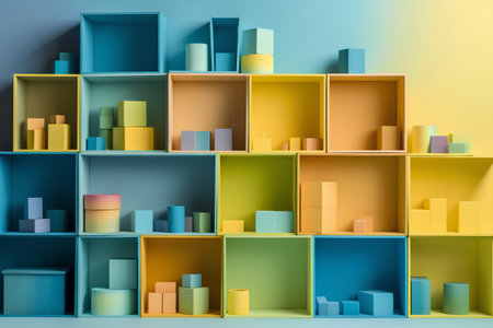 3d render of colorful bookshelves in blue and yellow colorsの素材