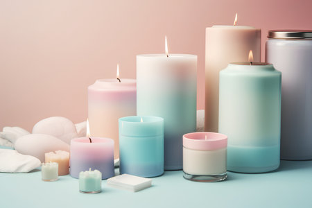 Spa still life with candles and bath accessories, 3d renderの素材