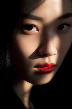 Portrait of a beautiful asian woman with red lips on a black backgroundの素材