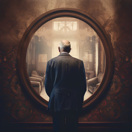 Rear view of an old man looking at a mirror in a roomの素材