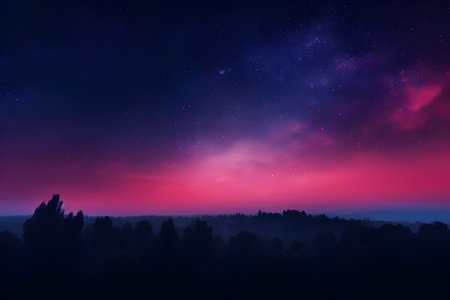 Fantasy landscape with milky way and forest at night. 3d renderingの素材