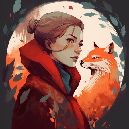 Beautiful girl in red coat with fox in the forest. Vector illustration.の素材