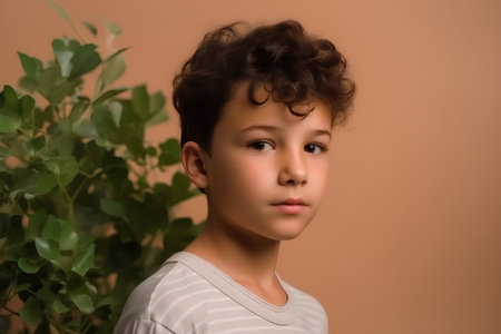 Portrait of a cute boy with curly hair on a brown backgroundの素材