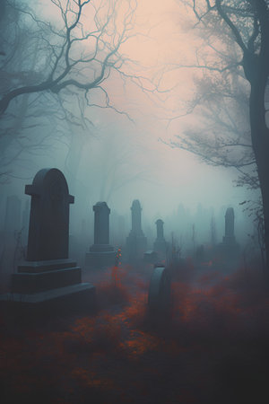 Foggy Halloween background with tombstones and trees in the cemeteryの素材