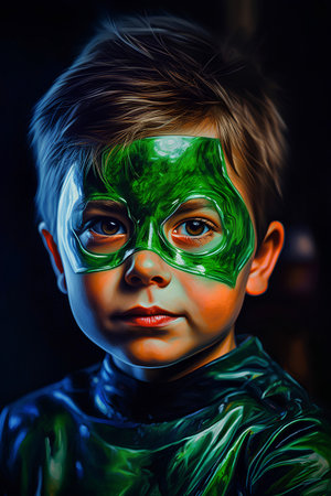 Portrait of a boy in a green costume of a superhero.の素材