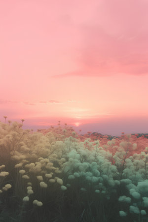 Sunset in the meadow with grass and flowers in vintage styleの素材