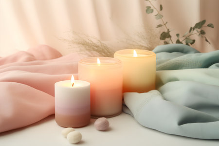 Burning candles on a light background. Aromatherapy conceptの素材