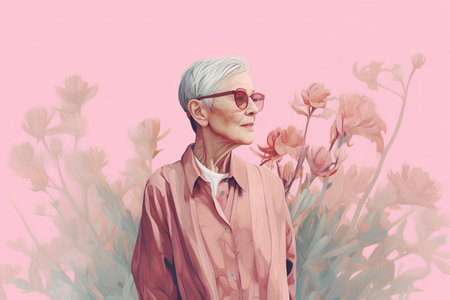 Portrait of an elderly woman with flowers on a pink background.の素材