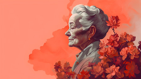 Digital painting of an elderly woman with a flower in her hair.の素材