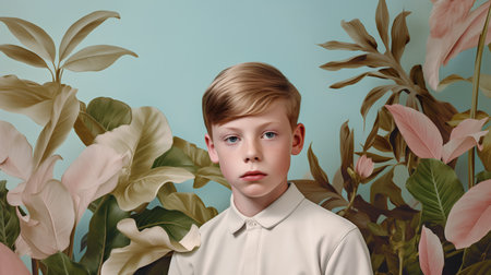 Portrait of a boy in a white shirt among tropical flowers.の素材