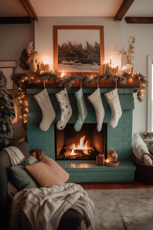 Cozy living room with fireplace and christmas decorations. Toned imageの素材