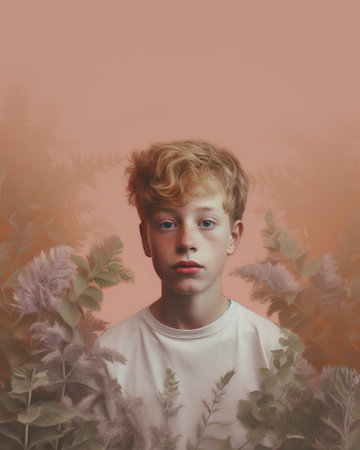 Portrait of a red-haired boy in a white T-shirt on a pink backgroundの素材