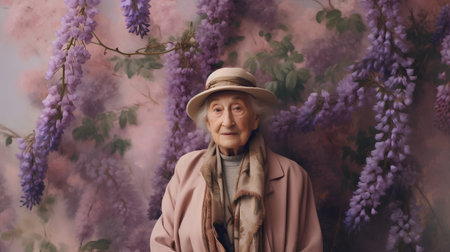 Portrait of an elderly woman with wisteria flowers in the backgroundの素材