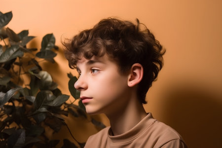 Portrait of a boy with curly hair and green leaves on a yellow backgroundの素材