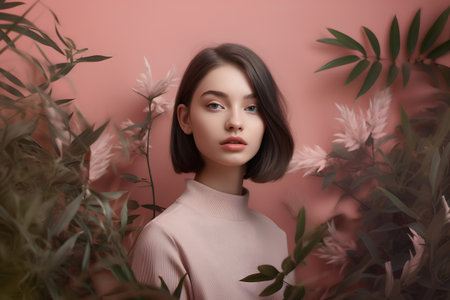 Beautiful young woman with green leaves and flowers on pink background. Beauty, fashion.の素材