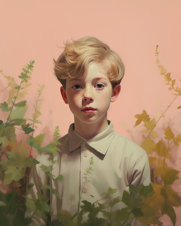Portrait of a boy in a white shirt on a background of flowersの素材