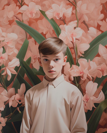 Portrait of a boy in a beige shirt on a background of flowers.の素材