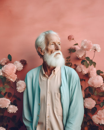 Portrait of an old man with a white beard on a pink backgroundの素材