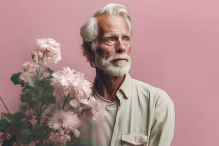 Portrait of a senior man with flowers. Isolated on pink background.の素材